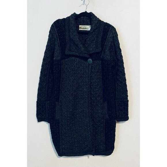 Aran Crafts Sweater Coat Womens Medium Gray One Button Irish Cable Knit - Picture 1 of 5